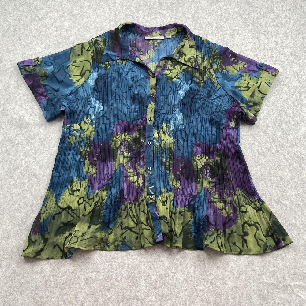 Avenue Blouse Womens 30/32 Multicolor Floral Button Short Sleeve Tunic Top